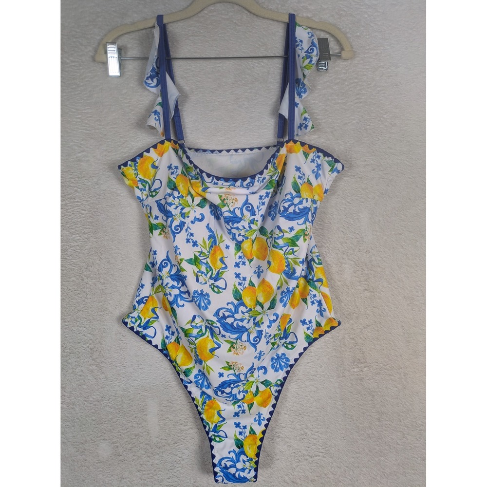 NEW Swim One Piece Women's XL White Lemon Print Ruffle Scalloped Trim